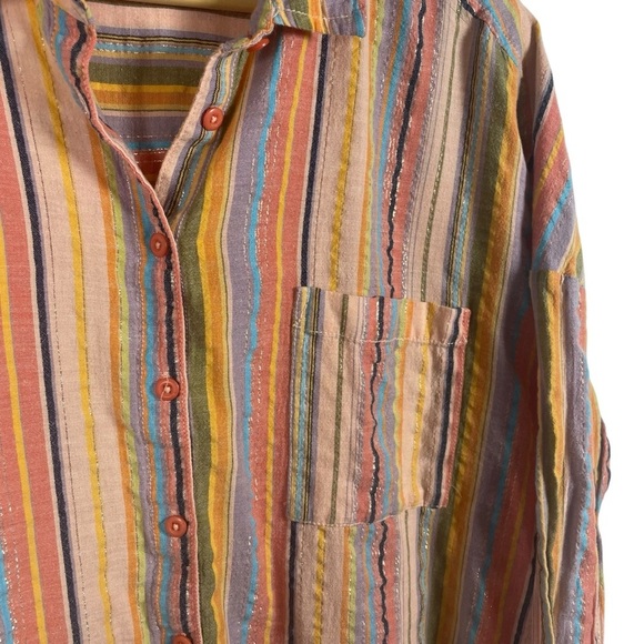 Anthropologie Pilcro Long-Sleeve Boyfriend Striped Shirt Rainbow Metallic L/XL - Picture 9 of 16